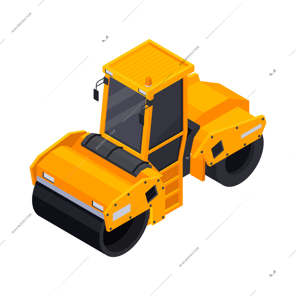 Road construction isometric composition with isolated image of orange road roller vector illustration