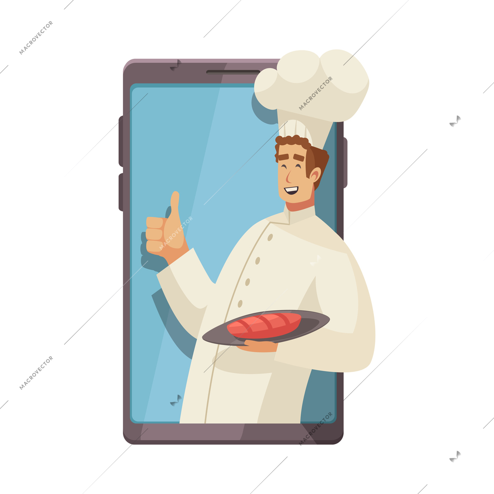 Cooking school courses composition with character of cook leaning out of smartphone screen vector illustration