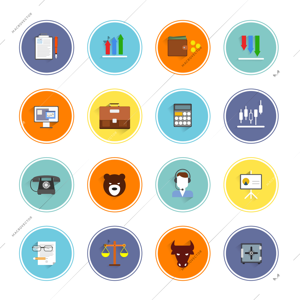 Finance bank credit money exchange trading icons flat set isolated vector illustration