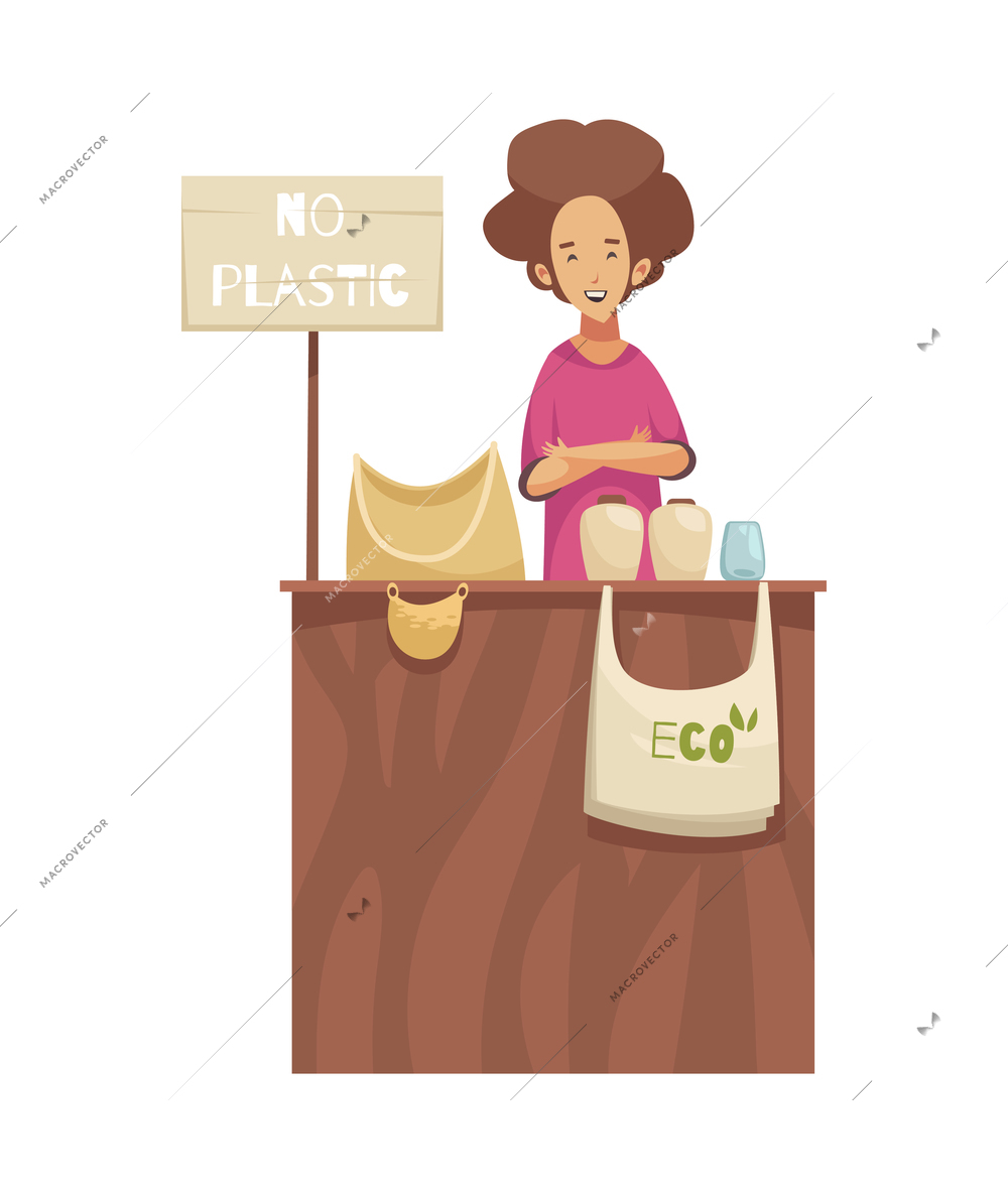 Eco zero waste sorting composition with isolated image of market stall with guy selling no plastic goods vector illustration