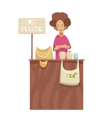 Eco zero waste sorting composition with isolated image of market stall with guy selling no plastic goods vector illustration