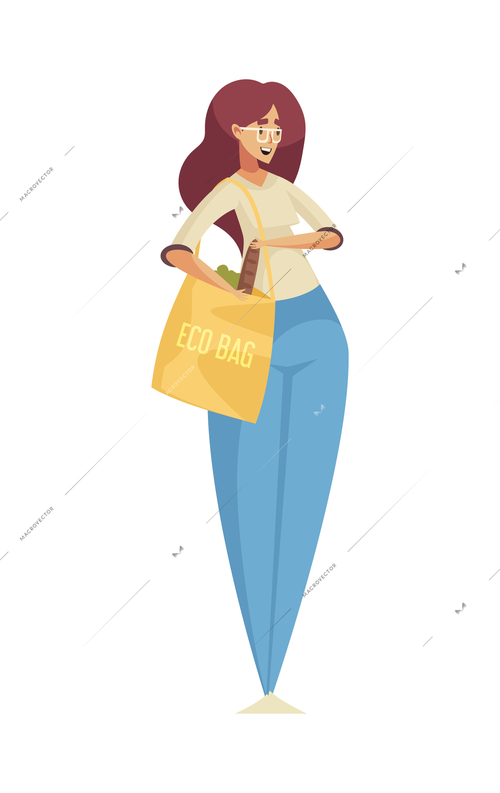 Eco zero waste sorting composition with isolated female character carrying personal eco bag vector illustration