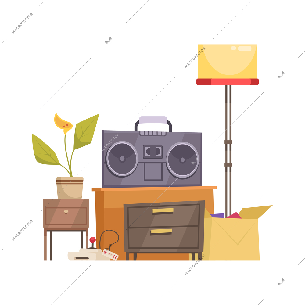 Garage sale items composition with images of second hand furniture and boombox to be sold vector illustration