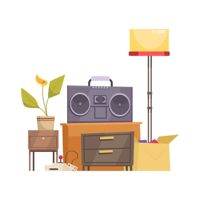 Garage sale items composition with images of second hand furniture and boombox to be sold vector illustration