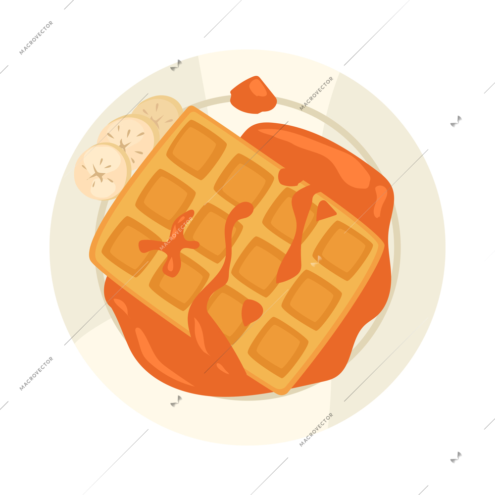 Cooking school courses composition with top view of dish with banana slices waffle and honey vector illustration