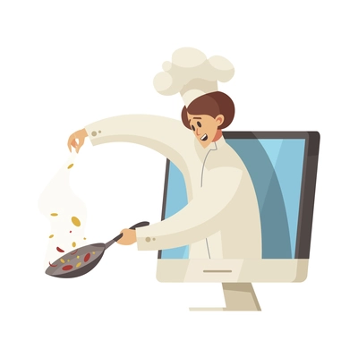 Cooking school courses composition with character of cook leaning out of computer screen vector illustration