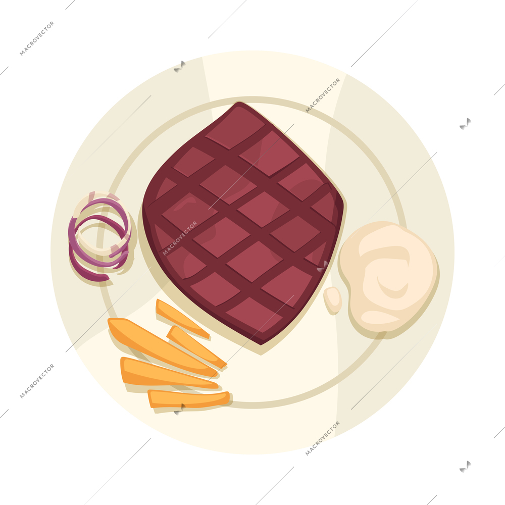 Cooking school courses composition with top view of dish with onion slices meat steak and mayo vector illustration
