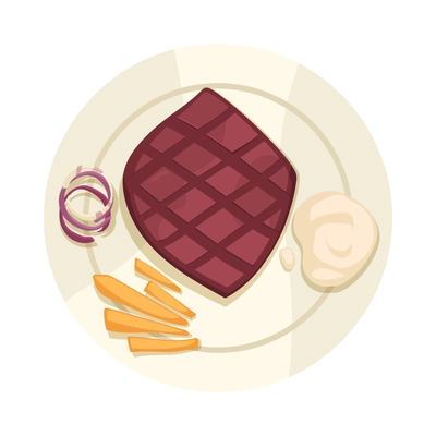 Cooking school courses composition with top view of dish with onion slices meat steak and mayo vector illustration