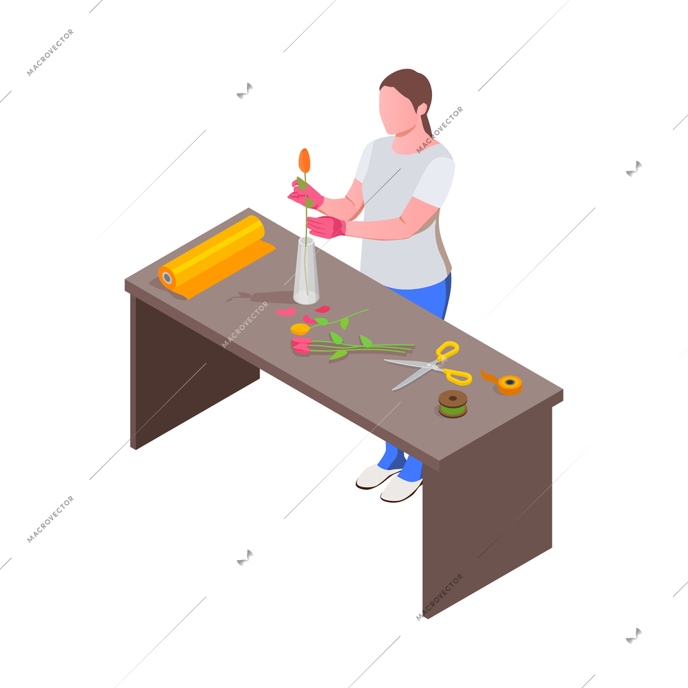 Creative people professions artist isometric composition with character of girl making flower bouquet vector illustration