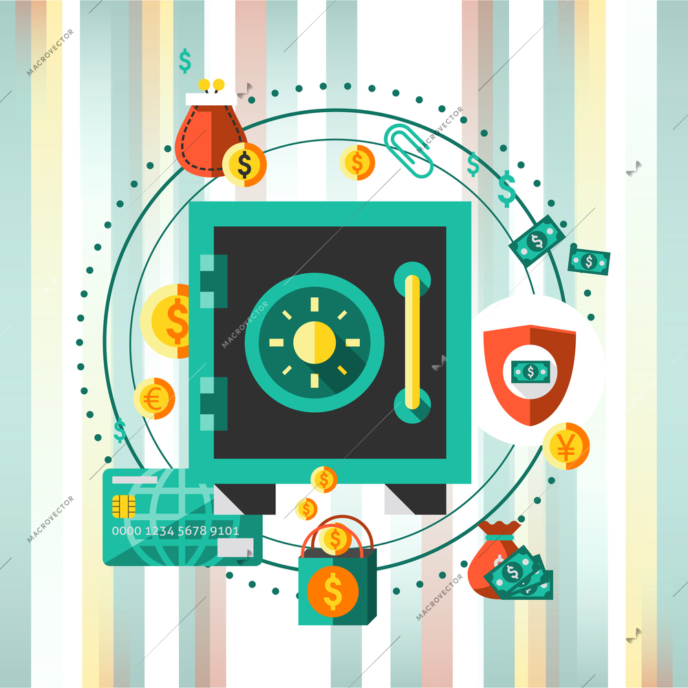 Financial banking safe money protection concept with wealth profit elements vector illustration