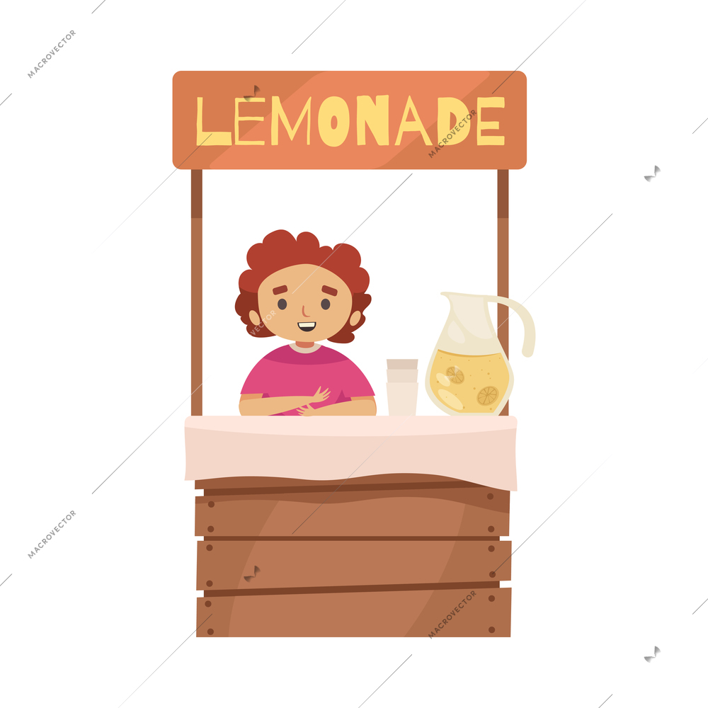 Garage sale items composition with character of child selling lemonade at stall counter vector illustration