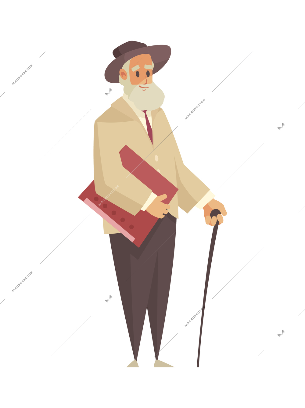 Garage sale items composition with character of elderly man holding folder and stick vector illustration
