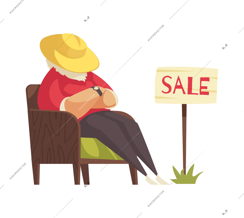 Garage sale items composition with character of seller sleeping in chair near goods vector illustration