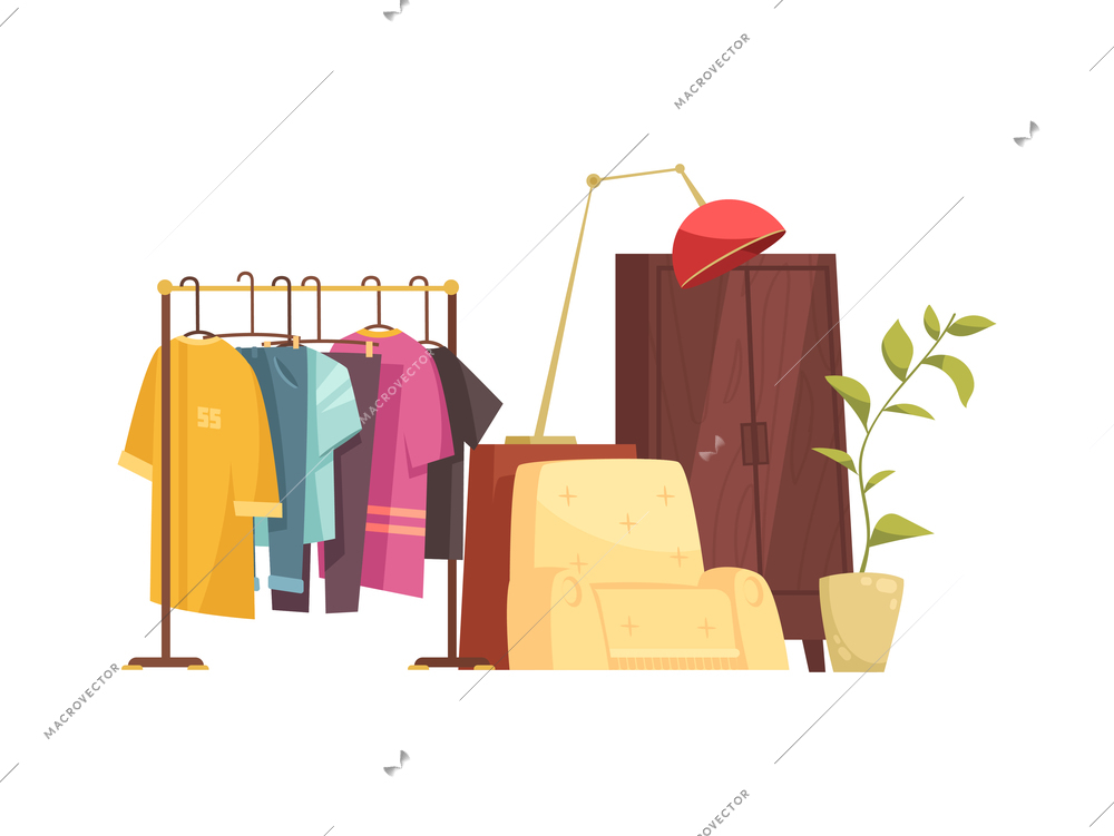 Garage sale items composition with images of second hand clothes and furniture to be sold vector illustration