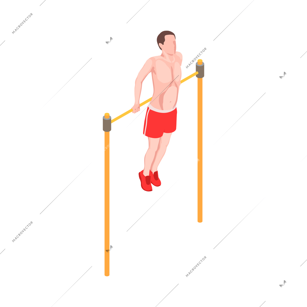 Workout isometric people composition with character of male athlete pulling his body up on horizontal bar vector illustration