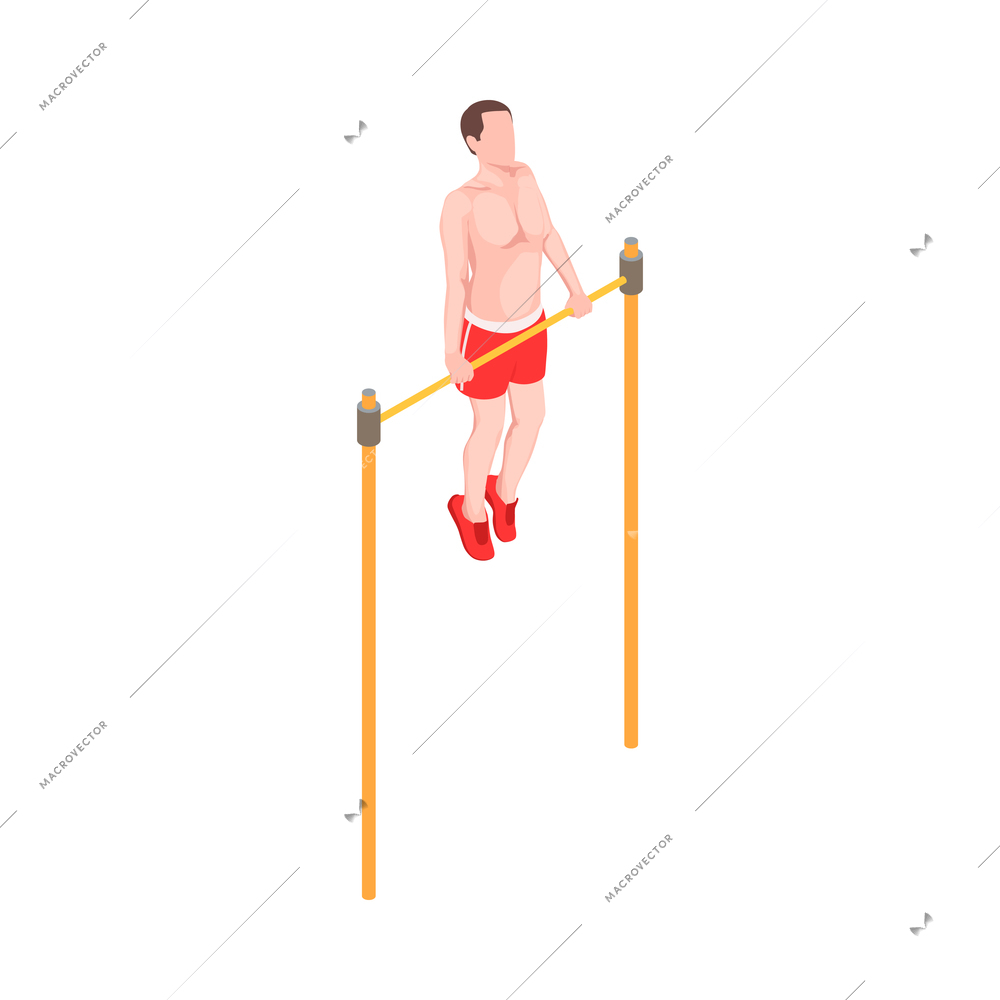 Workout isometric people composition with character of male athlete pulling his body up on horizontal bar vector illustration