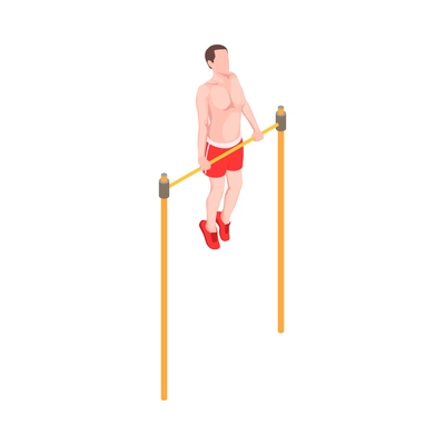 Workout isometric people composition with character of male athlete pulling his body up on horizontal bar vector illustration