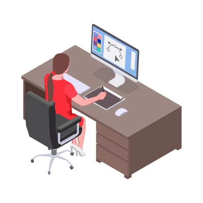 Creative people professions artist isometric composition with girl sitting at computer drawing on graphics tablet vector illustration