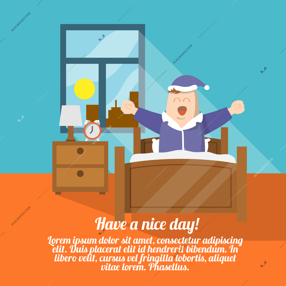 Have a nice day poster with waking up person in bed vector illustration