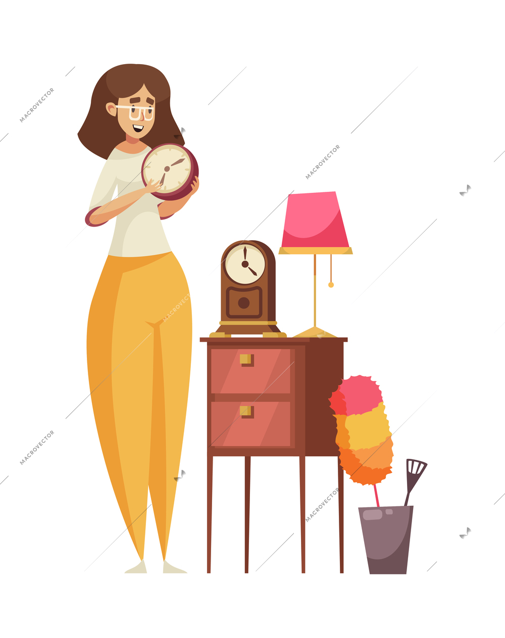 Garage sale items composition with images of second hand clocks and female buyer vector illustration