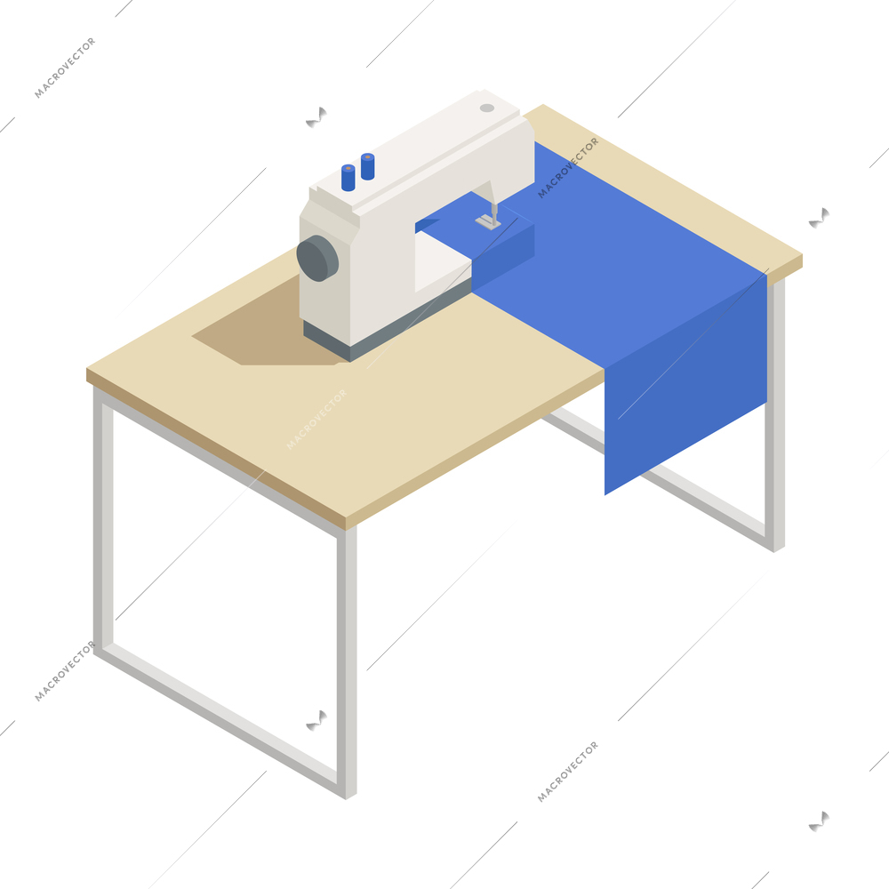 Fashion studio tailor atelier isometric composition with isolated image of table with sewing machine vector illustration