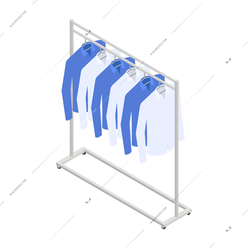 Fashion studio tailor atelier isometric composition with isolated rail holder with colorful shirts vector illustration