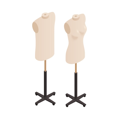 Fashion studio tailor atelier isometric composition with isolated images of two body mannequins vector illustration