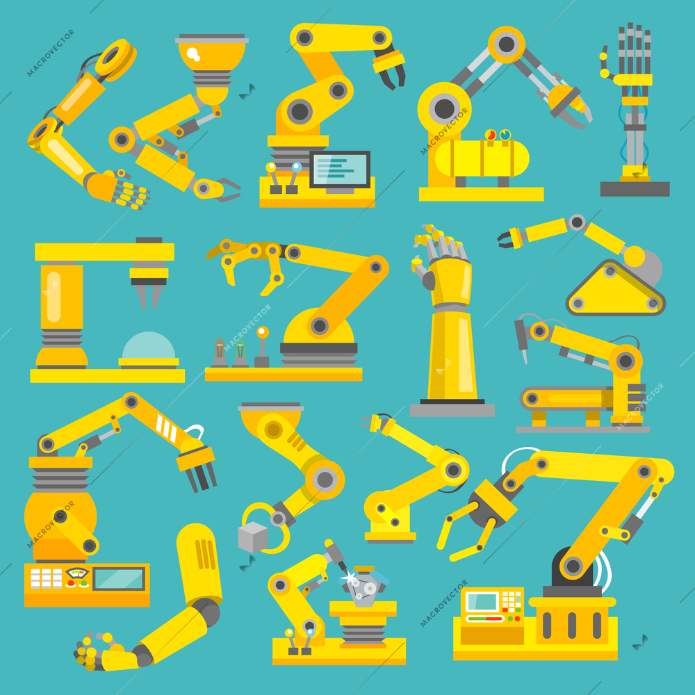 Robotic arm manufacture technology industry assembly mechanic flat decorative icons set isolated vector illustration