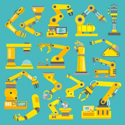 Robotic arm manufacture technology industry assembly mechanic flat decorative icons set isolated vector illustration