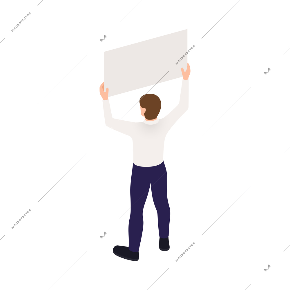 Trade labor union employee right protection composition with isometric person defending their rights holding placard vector illustration