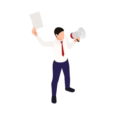 Trade labor union employee right protection composition with isometric person holding paper and megaphone vector illustration