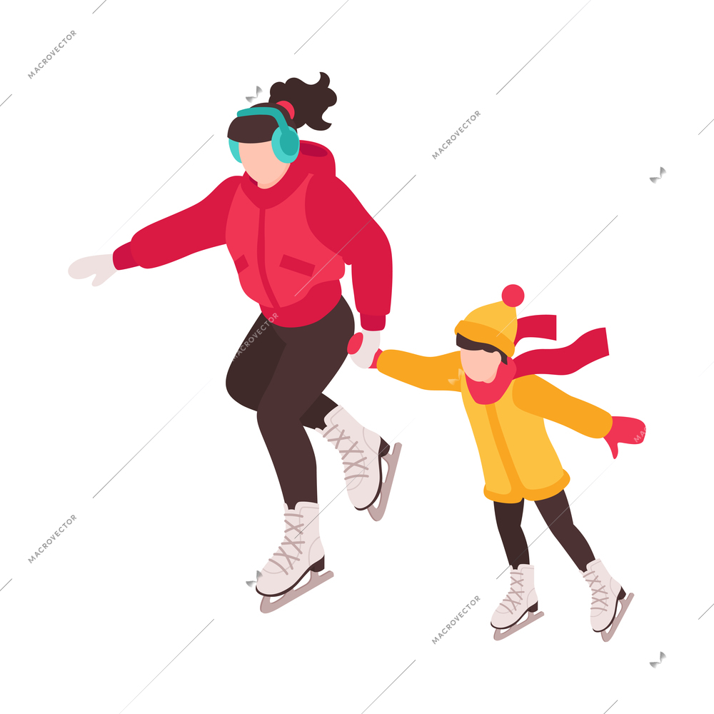 Isometric winter holiday time composition with character of boy skating with mother vector illustration