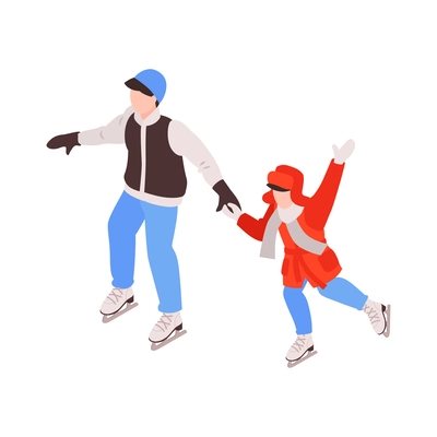 Isometric winter holiday time composition with character of child skating with parent vector illustration