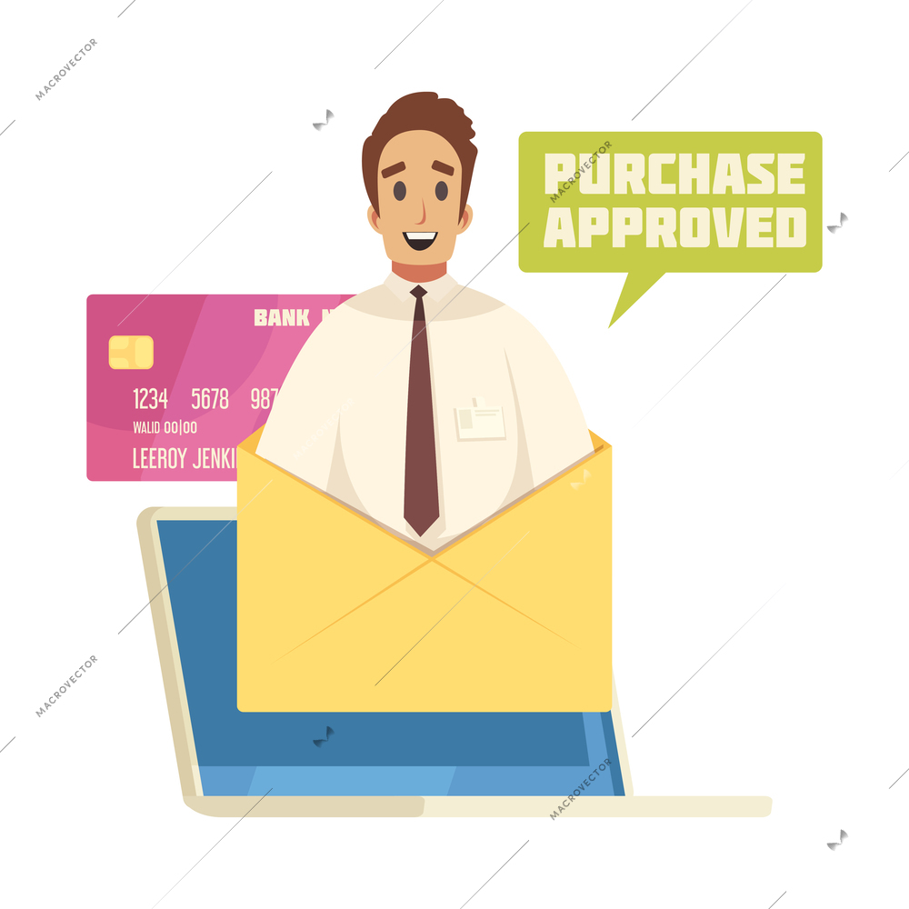 Online mobile bank composition with images of laptop credit card and character of clerk in envelope vector illustration