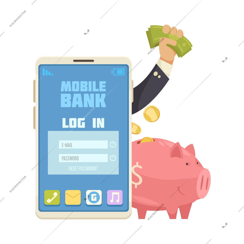 Online mobile bank composition with images of smartphone with login page human hand with money and piggy bank vector illustration