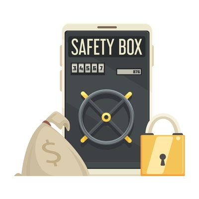 Online mobile bank composition with smartphone safe box door golden lock and money sack vector illustration