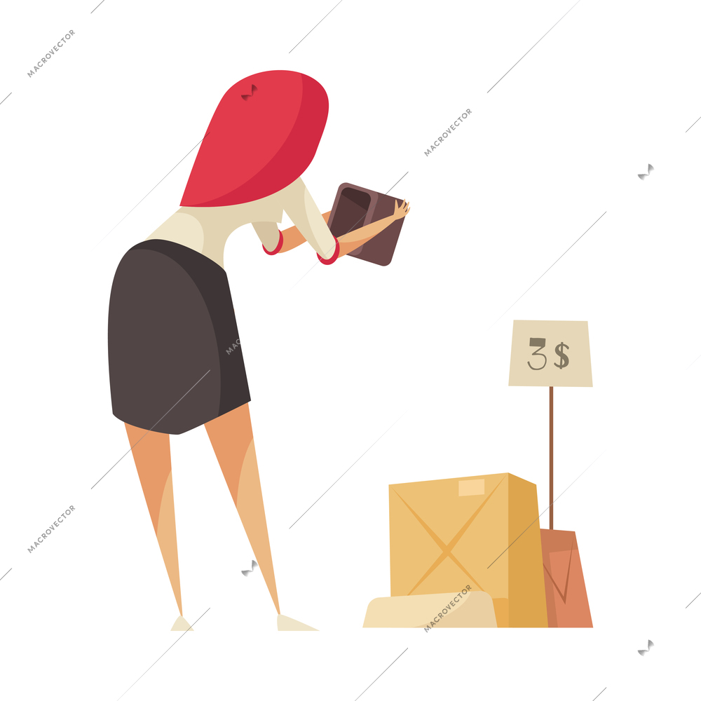 Garage sale items composition with character of female buyer with wallet and carton boxes with goods vector illustration