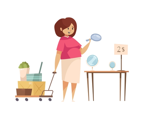 Garage sale items composition with character of female buyer choosing cheap mirrors vector illustration