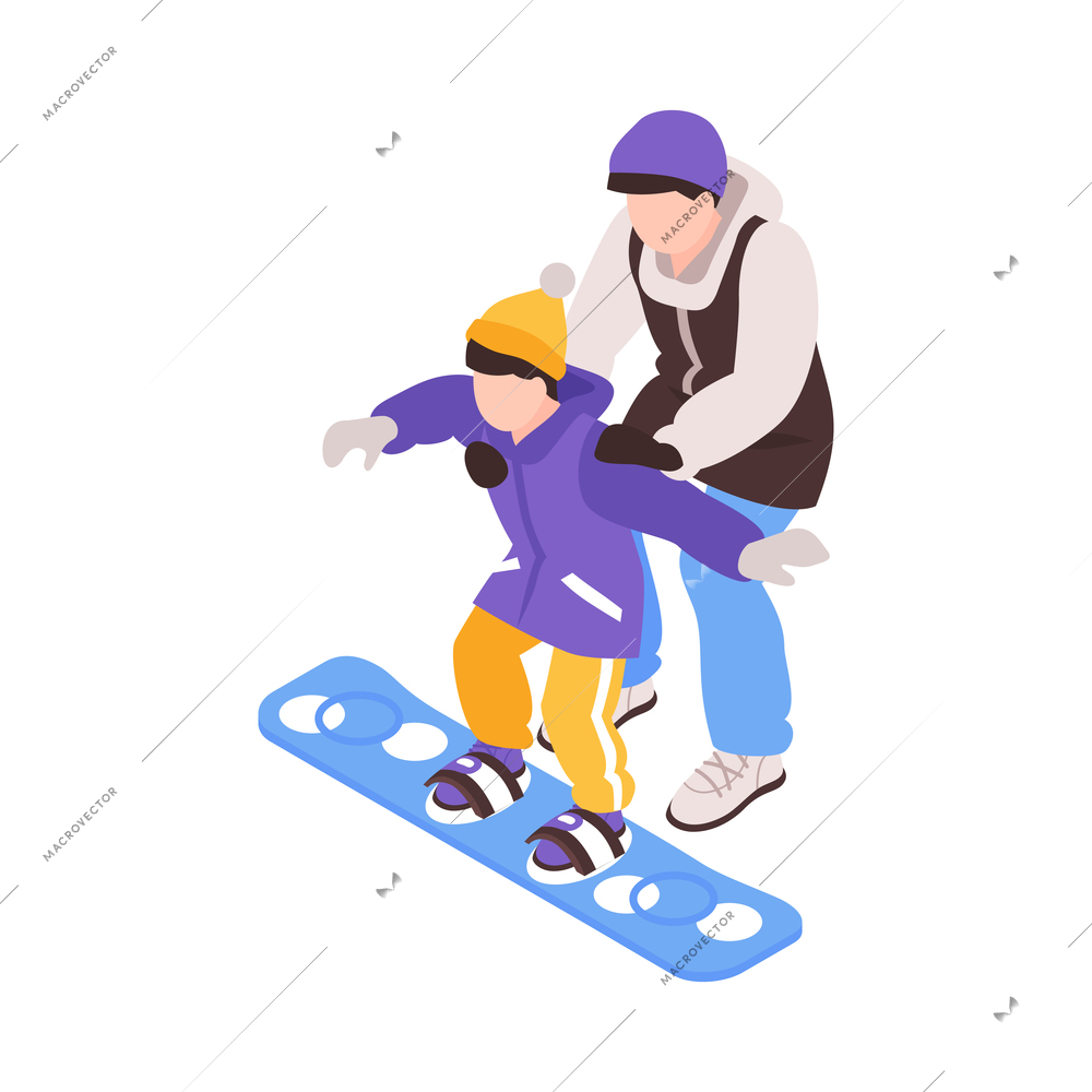 Isometric winter holiday time composition with character of child snowboarding with father vector illustration