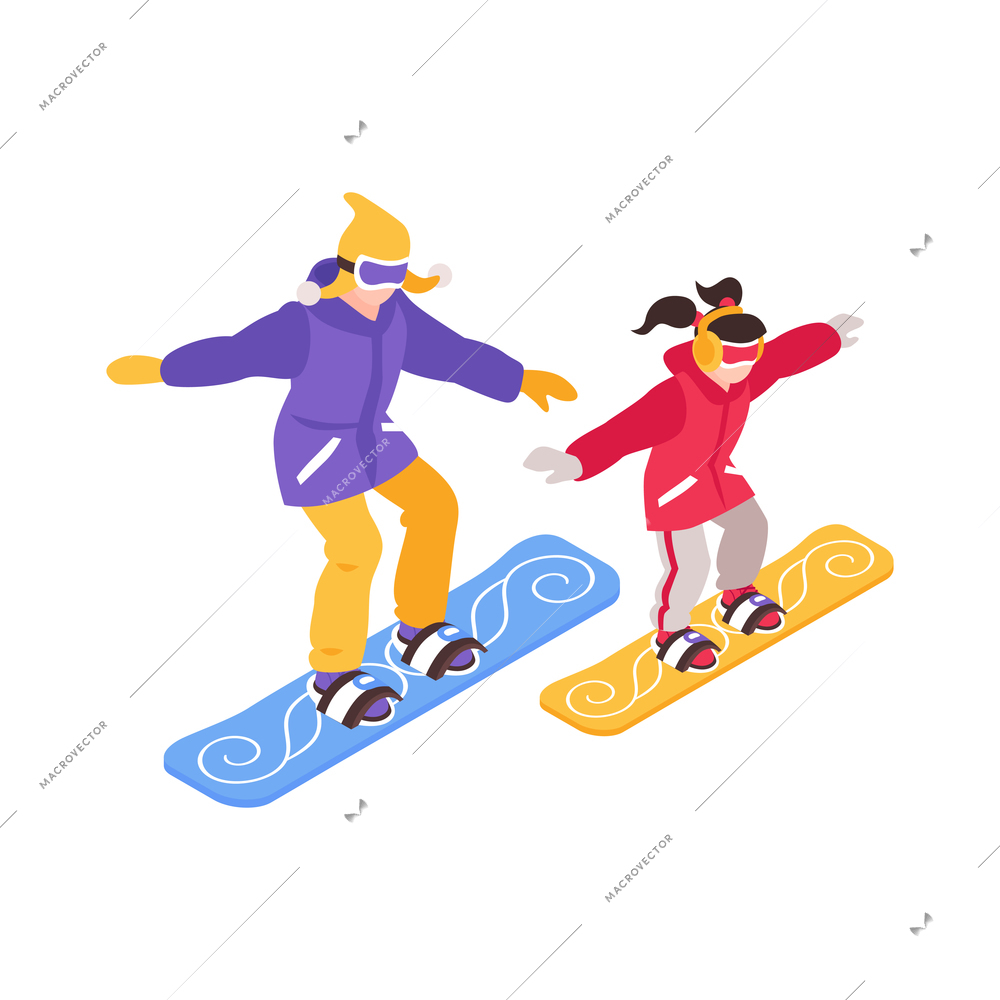 Isometric winter holiday time composition with character of girl snowboarding with mother vector illustration