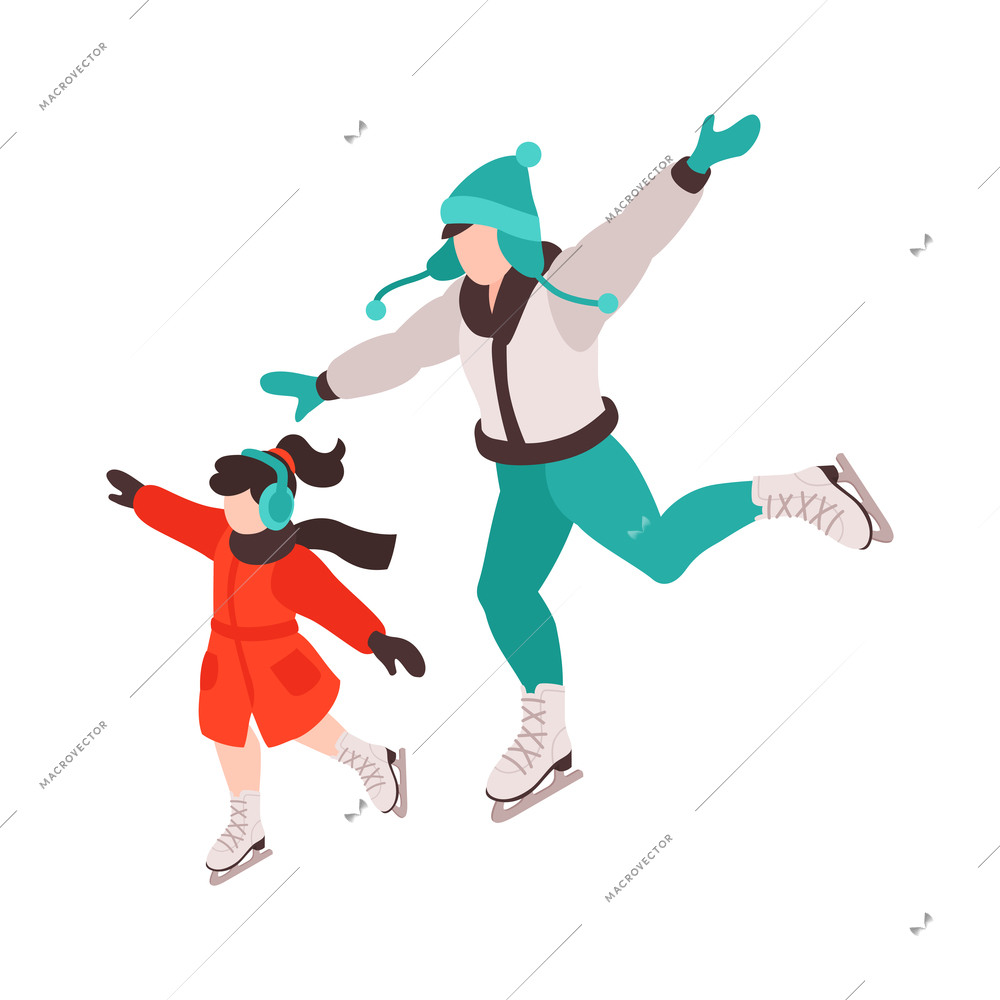 Isometric winter holiday time composition with character of girl skating with mother vector illustration