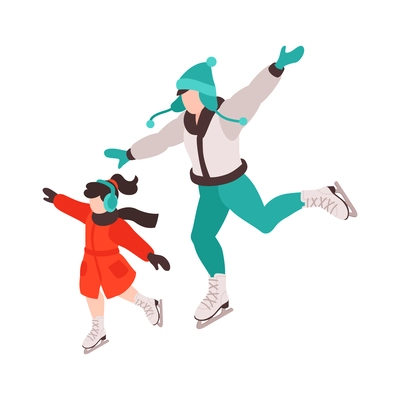 Isometric winter holiday time composition with character of girl skating with mother vector illustration