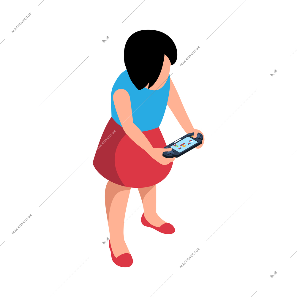 Isometric video game composition with character of little girl playing on portable gaming console vector illustration