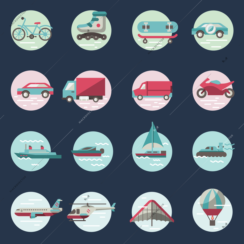 Transport round button icons set with truck helicopter motorcycle isolated vector illustration