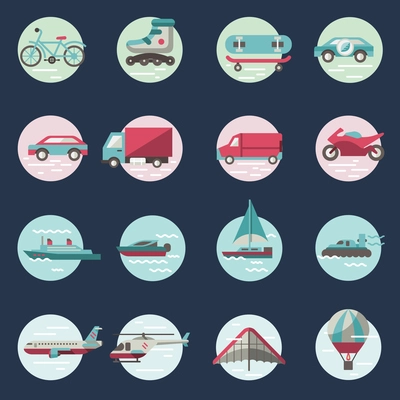 Transport round button icons set with truck helicopter motorcycle isolated vector illustration