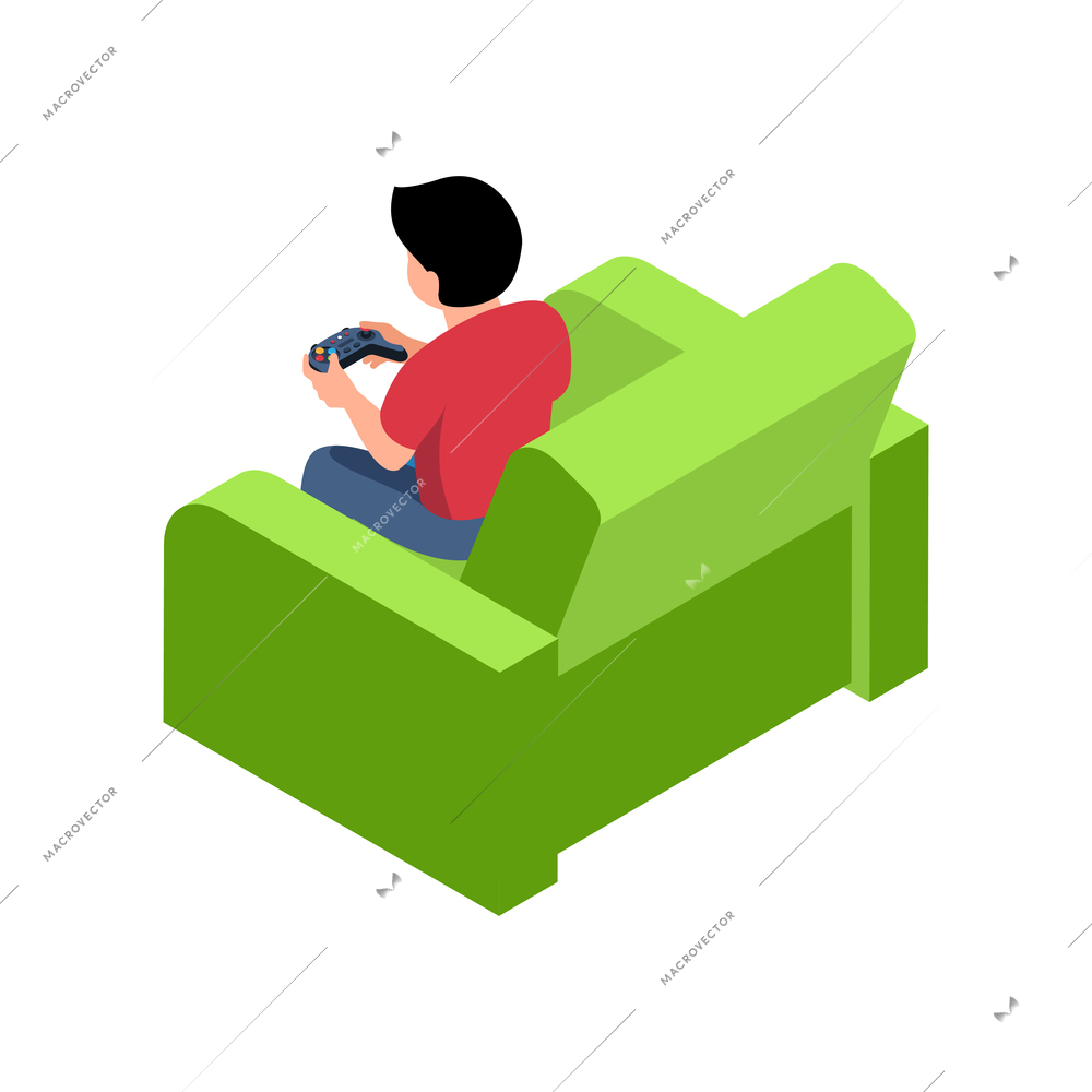 Isometric video game composition with character of teenage boy with gamepad in armchair vector illustration