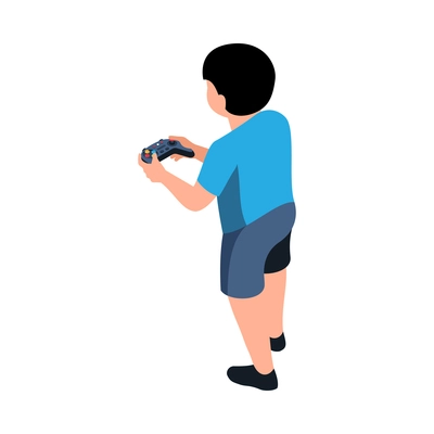 Isometric video game composition with isolated character of adolescent child holding gamepad vector illustration