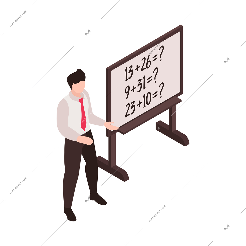 Isometric junior school composition with character of male teacher standing at blackboard with praxis vector illustration