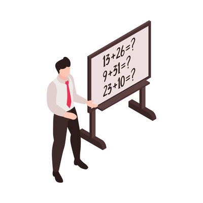 Isometric junior school composition with character of male teacher standing at blackboard with praxis vector illustration