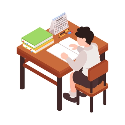 Isometric junior school composition with character of schoolboy sitting at desk with stationery vector illustration